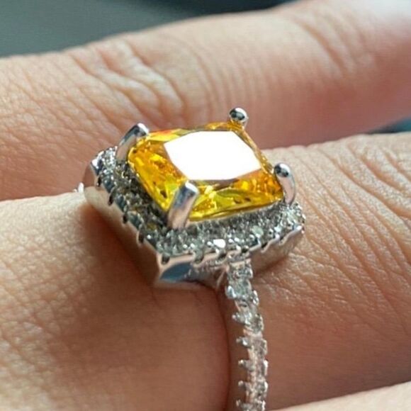 NEW Citrine Rectangular Diamond Halo Sterling Silver Ring - Picture 5 of 7